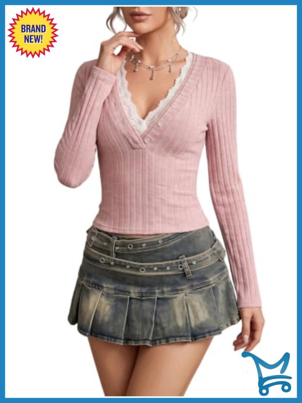 Lace Trim Long Sleeve Button Up V Neck Fitted Fall Top
